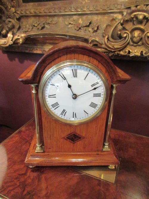 Antique Polished Oak Inlaid Mantel Clock