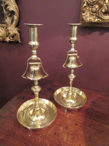 Pair Antique Brass 'Tavern' Bell Candlesticks