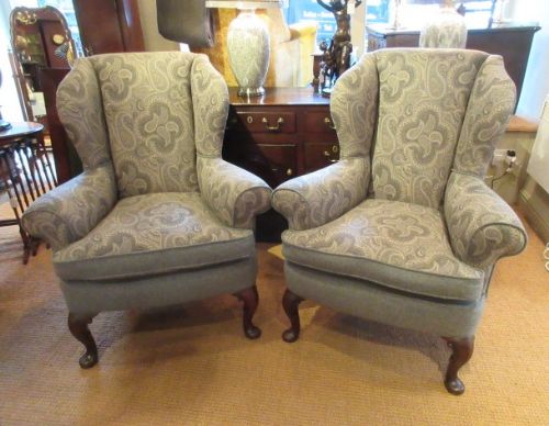 Superb Pair of Antique Upholstered Wing Armchairs