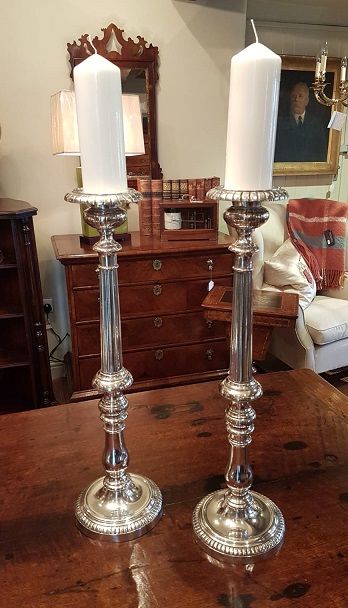 Superb Pair Antique Silvered Pricket Church Candlesticks