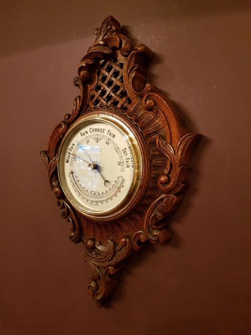 Antique Victorian Carved Oak Barometer with Crescent Thermometer