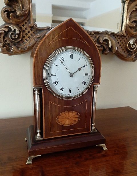 Antique Sheraton Inlaid Lancet Top Mantel Clock