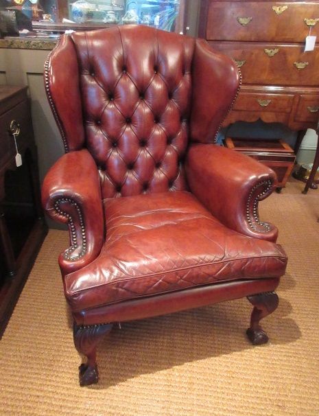 Antique Leather Button Back Wing Armchair