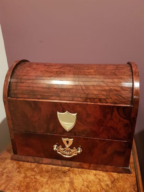 Antique Burr Walnut Tambour Top Jewellery Casket