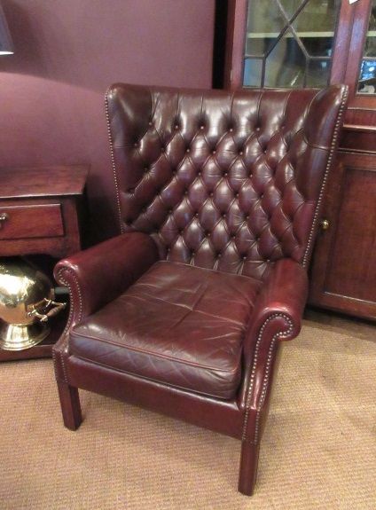 Antique Leather Barrel Back Wing Armchair