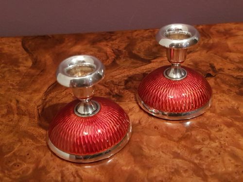 Pair of Small Silver and Enamel Candlesticks