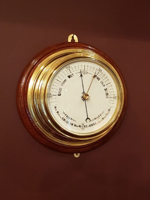 Large Victorian Brass Cased Marine Barometer with Oak Plinth