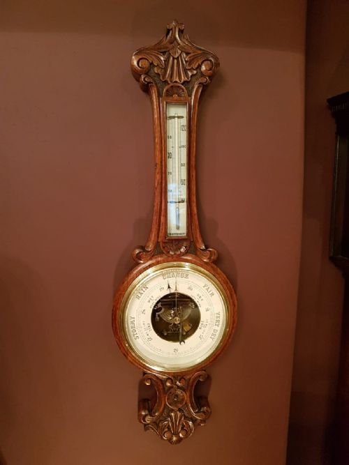 Victorian Carved Oak Banjo Barometer with Skeletonised Movement