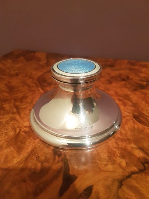 Antique Silver & Engine Turned Enamel Ink Well