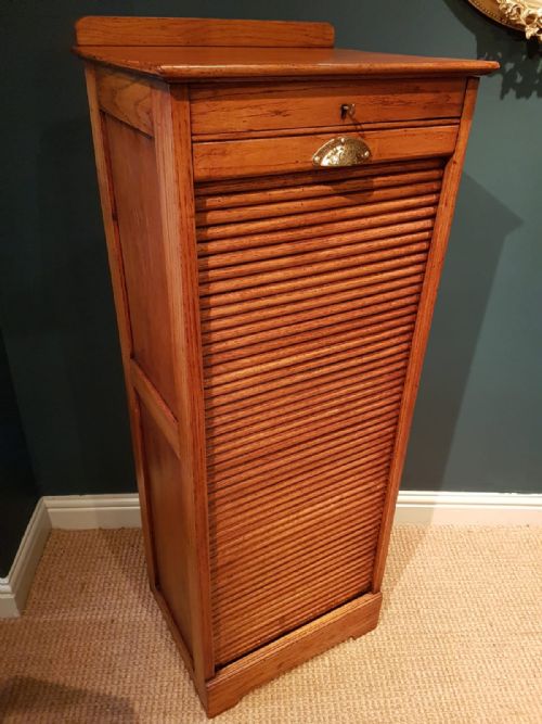 1920'S Solid Oak Tambour Front File Cabinet