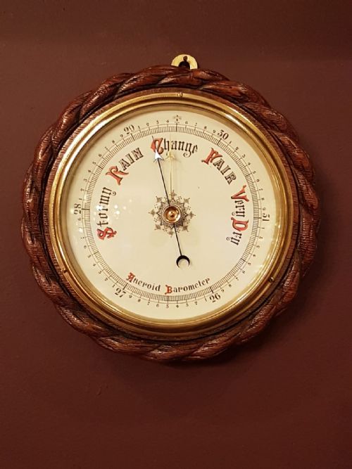 Antique Carved Oak Rope Edge Ships Barometer