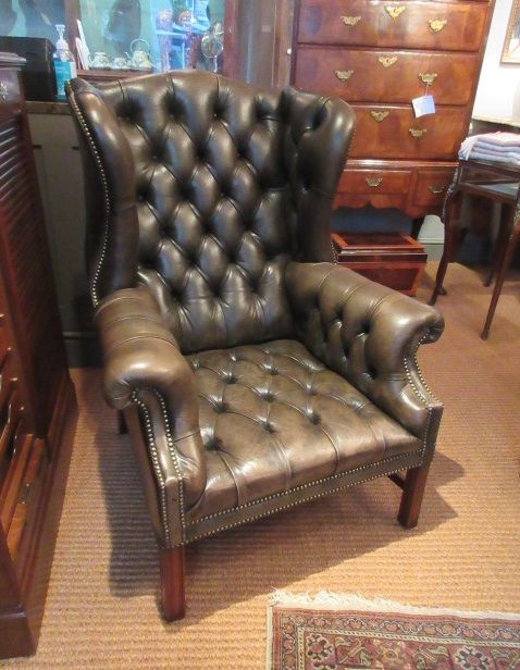 Antique Leather Buttoned Wing Back Armchair