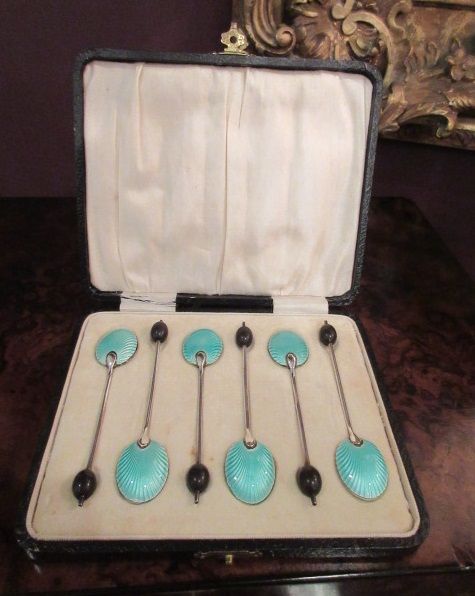 George V Silver Turquoise Enamel Coffee Spoon Set