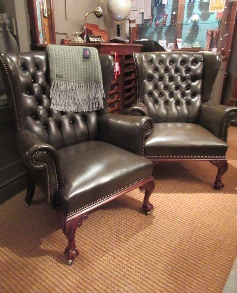 Superb Pair of Antique Leather Wing Armchairs
