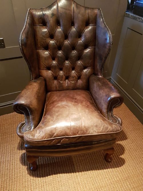 Antique Wing Back Armchair with Original Hide Upholstery