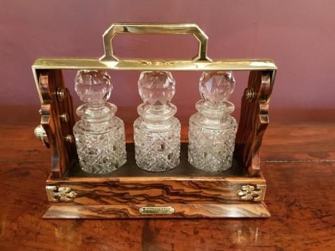 Superb Antique Walnut Miniature 3 Bottle Tantalus