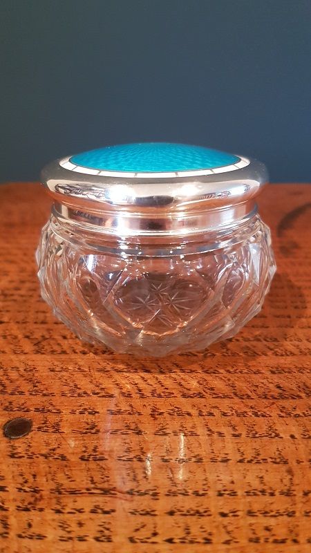 Antique Silver & Turquoise Enamel Top Dressing Table Jar