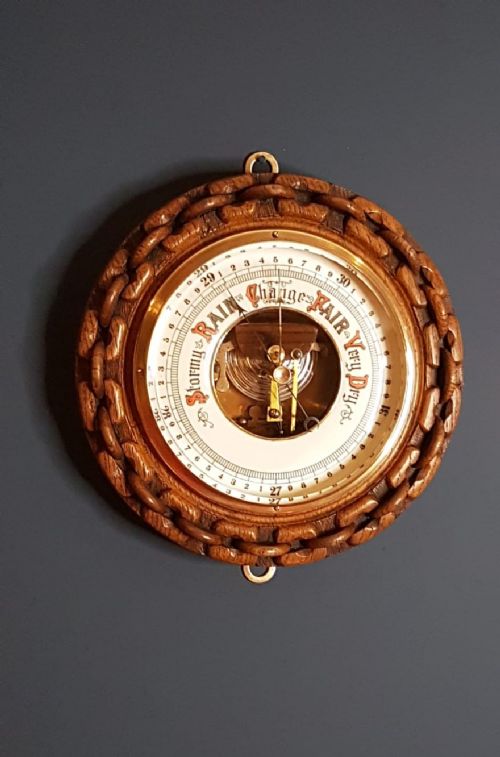 Victorian Carved Oak Chain Design Aneroid Barometer
