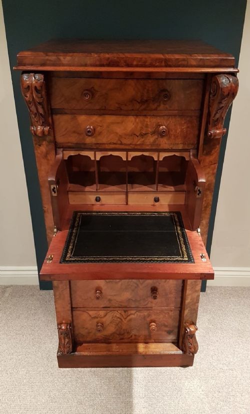 Early Victorian Burr Walnut Secretaire Wellington Chest