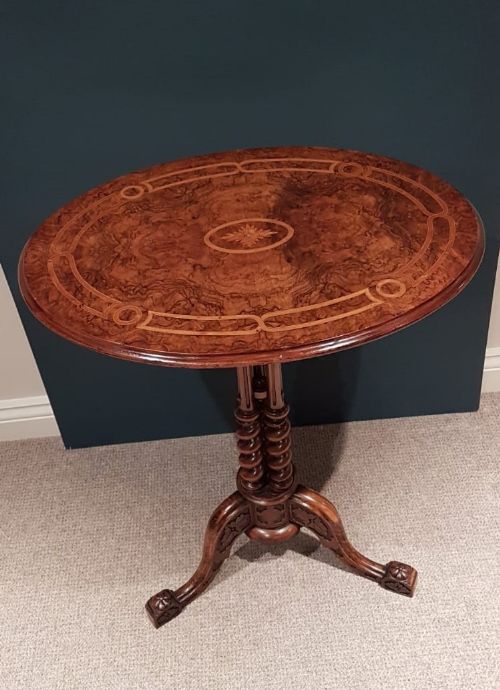 Superb Mid Victorian Burr Inlaid Walnut Lamp Table
