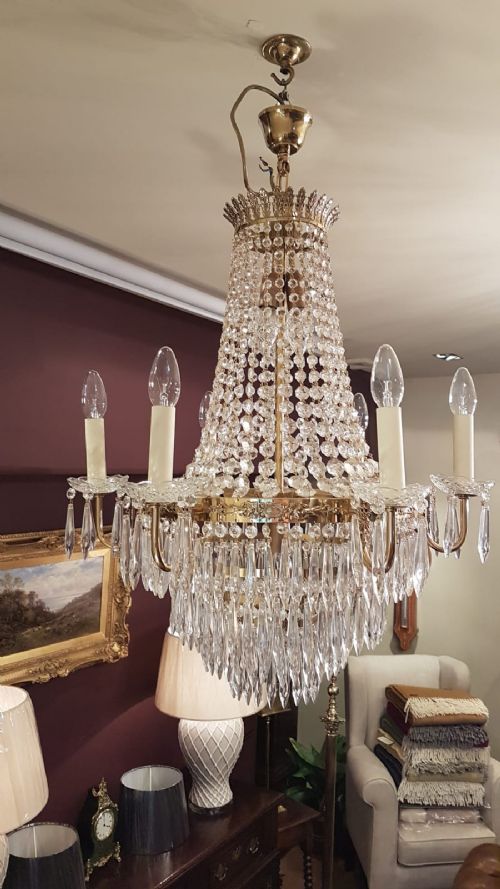 Antique Cut Crystal and Brass Chandelier