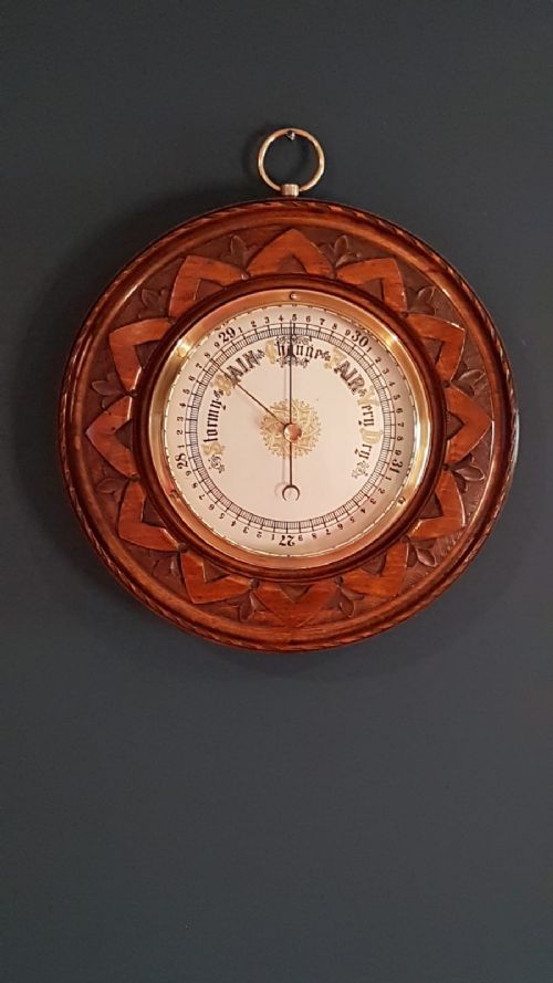 Victorian Carved Walnut Aneroid Barometer with Silvered Dial