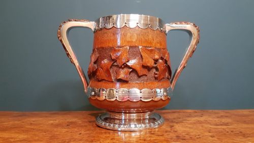 Large Antique Carved Oak and Silver Plate Loving Cup