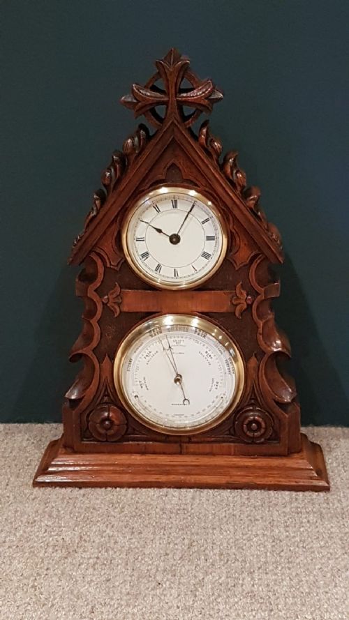 Victorian Carved Oak Desktop Clock and Barometer