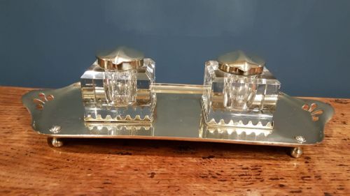 Large Art Nouveau Brass and Cut Crystal Ink Stand
