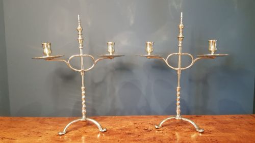 Matching Pair of Antique Brass Rise and Fall Candelabra