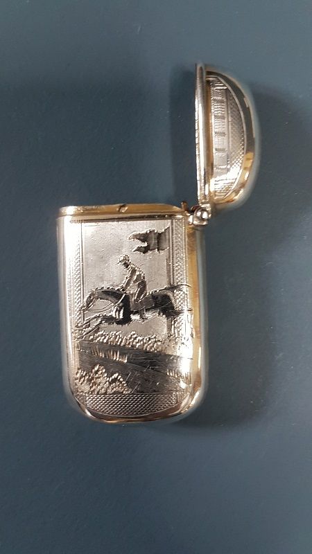 French Silver Vesta Case with Horse Jumping to Front