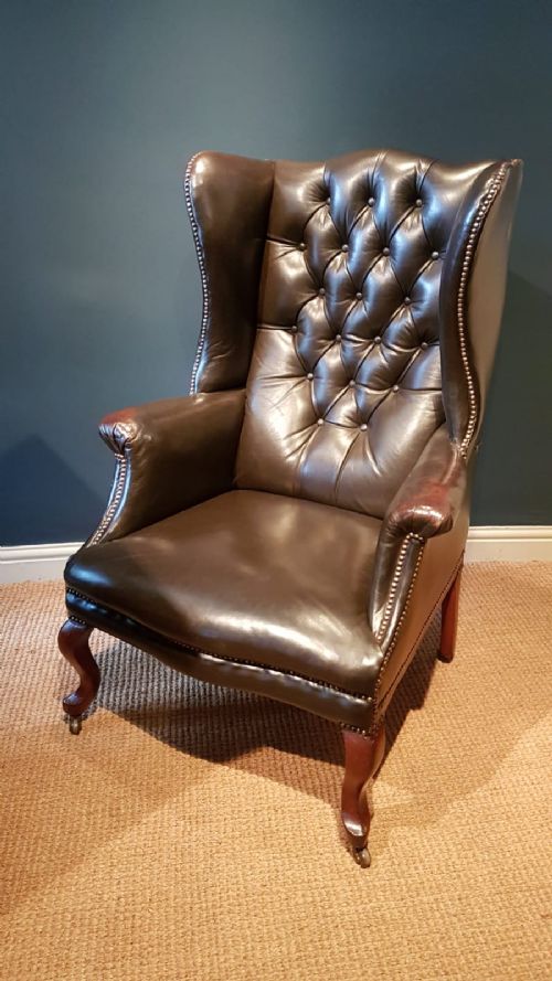 Antique Victorian Leather Wing Back Arm Chair
