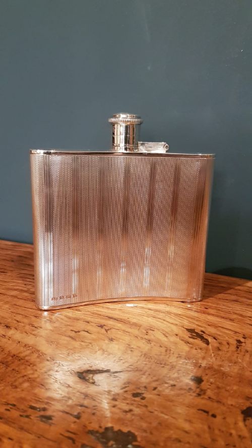 Antique Solid Silver Engine Turned Hip Flask