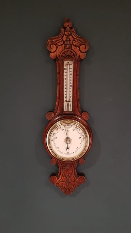 Small Victorian Carved Oak Banjo Barometer