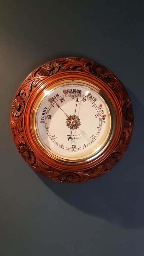 Fine Antique Carved Walnut Barometer Maple & Co