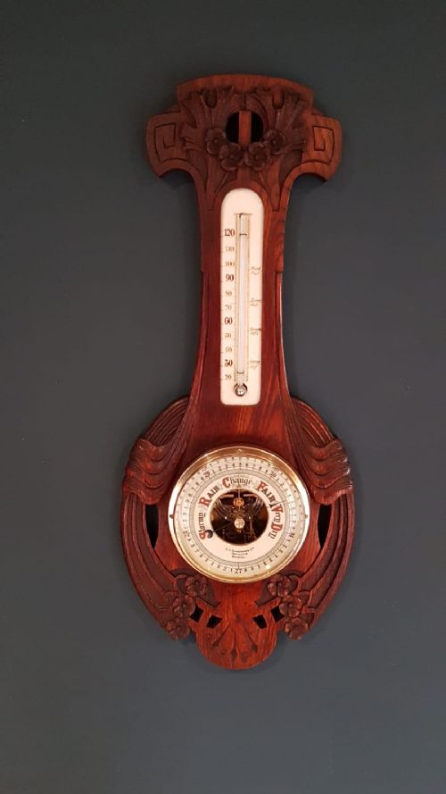 Antique Small Carved Oak Banjo Barometer