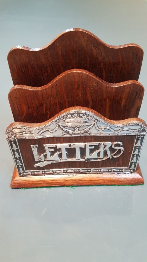 Antique Oak and Silver Letter Rack