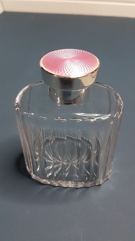 Cut Glass Pink Enamel on Silver Top Scent Bottle