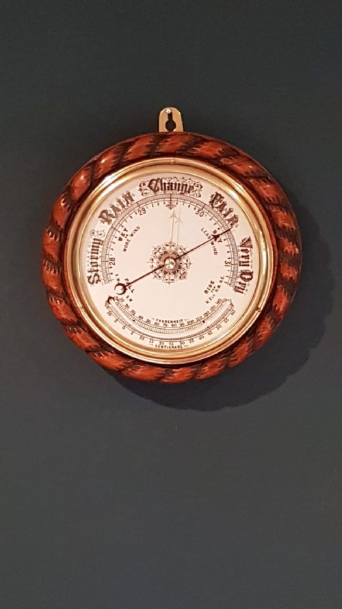 Antique Oak Ships Barometer with Crescent Thermometer
