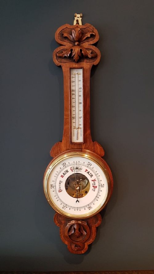 Fine Quality Antique Carved Oak Banjo Barometer