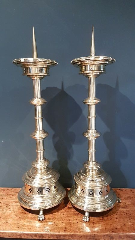 Large Pair of Antique Brass Church Candlesticks