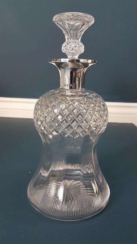 Victorian Cut Crystal Thistle Shaped Decanter with Silver Rim