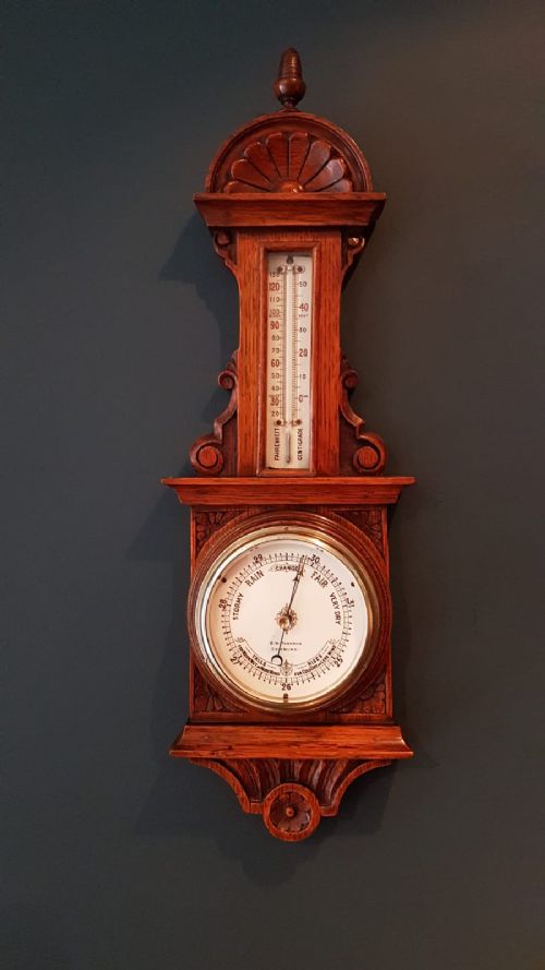 Small Antique Carved Oak Banjo Barometer