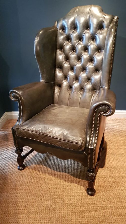 Superb Victorian Button Back Leather Wing Back Arm Chair