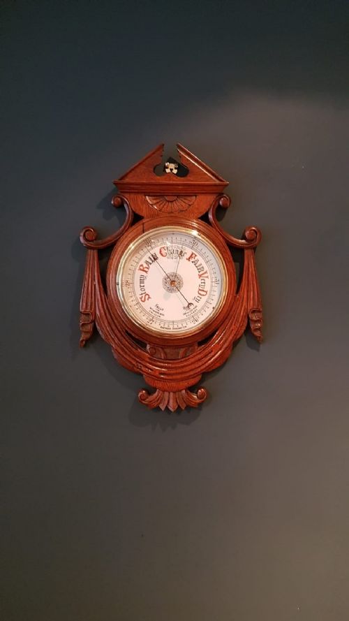 Large Antique Carved Oak Aneroid Barometer