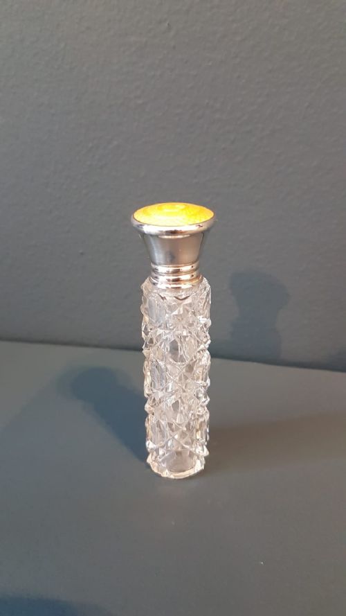 Cut Crystal and Silver Engine Turned Enamel Scent Bottle