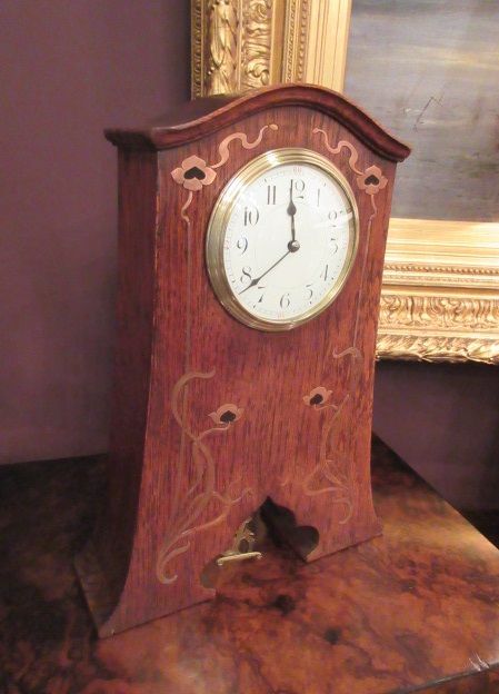 Art Nouveau Copper & Ebony Inlaid Mantel Clock