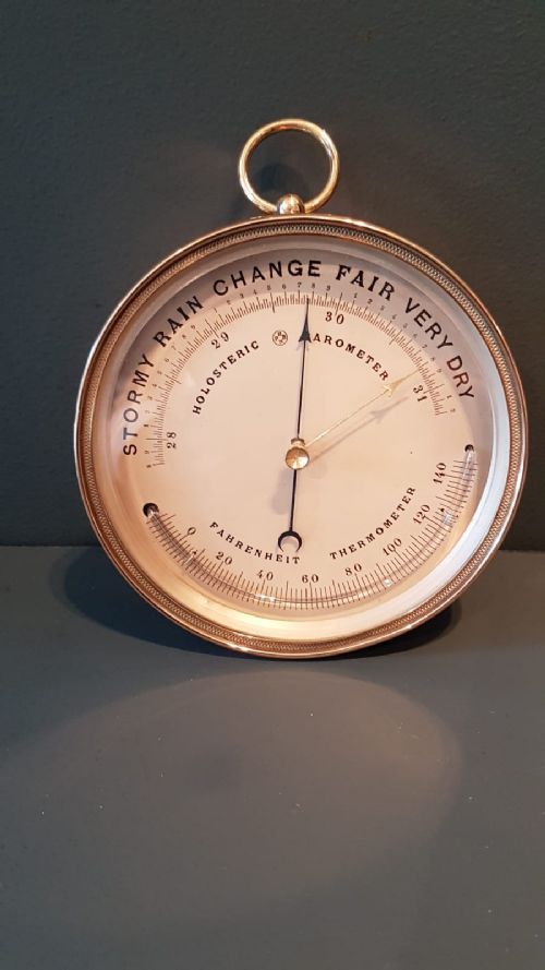 Victorian Brass Cased Marine Barometer with Crescent Thermometer