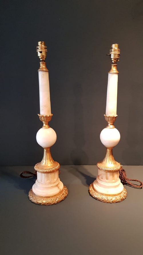 Matching Pair of 1920'S Alabaster and Ormolu Table Lamps