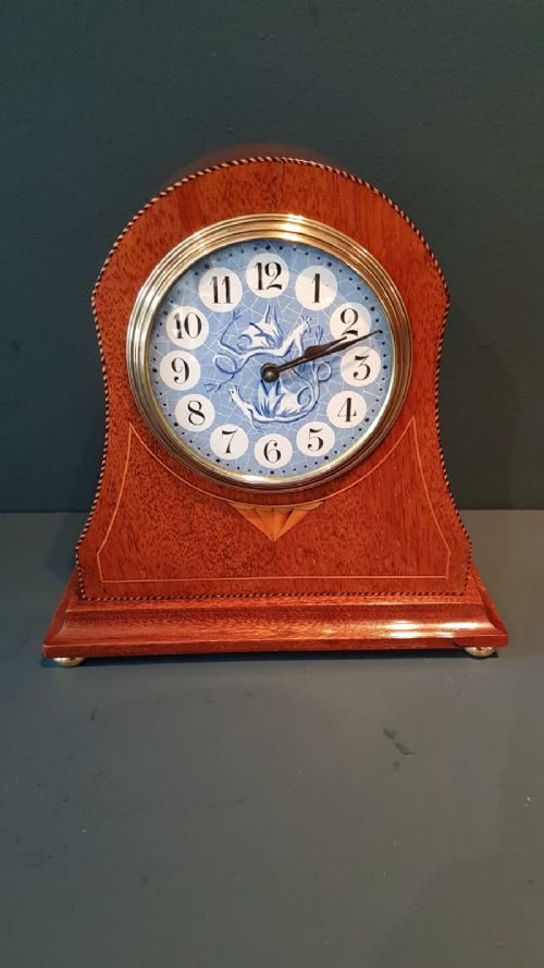 Unusual Edwardian Blue and White Dial Inlaid Mantel Clock